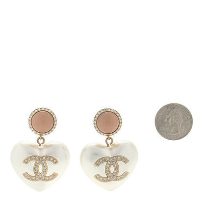 Chanel Pearl Resin Crystal CC Heart Drop Earrings Pink Gold 2 of 4