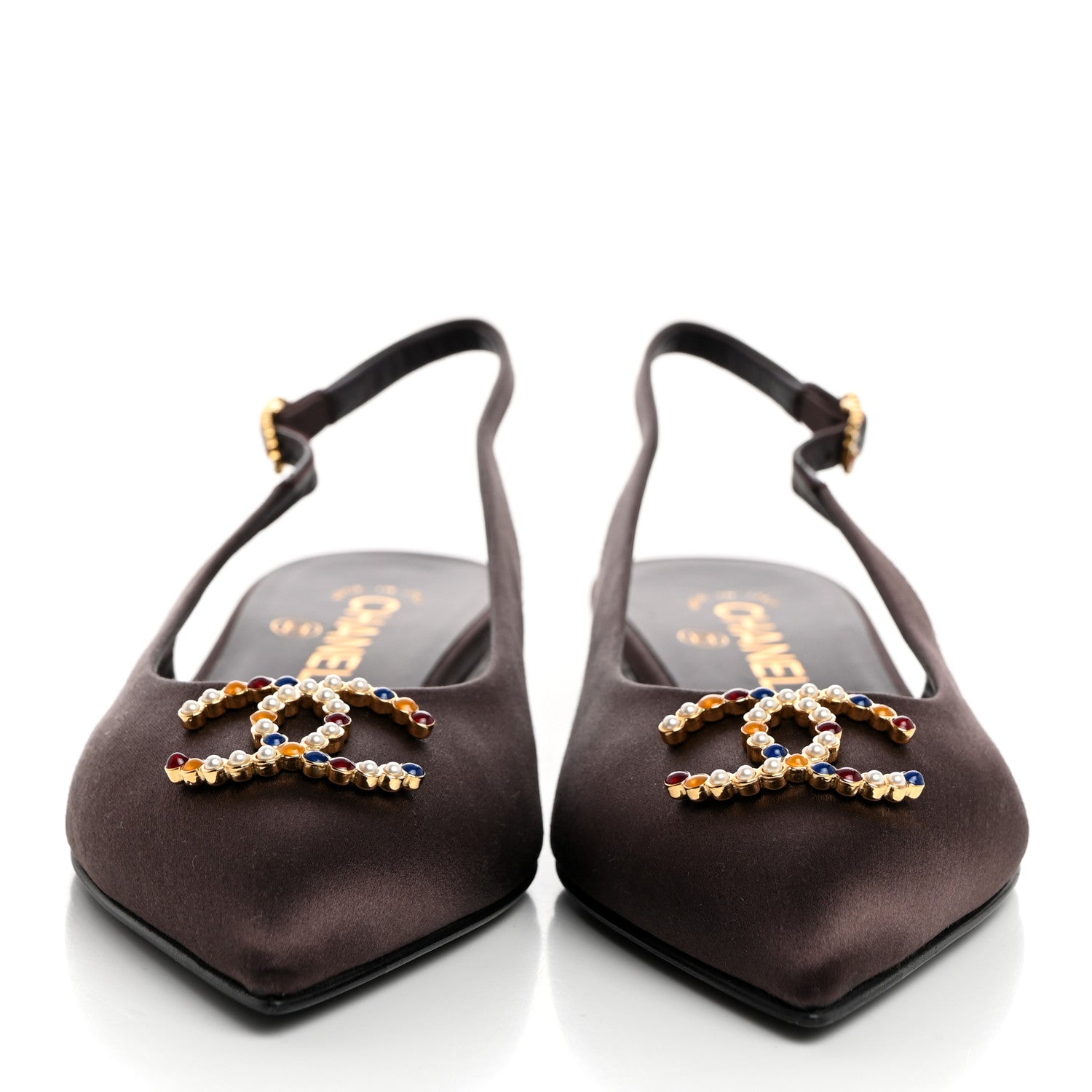 Chanel Satin Strass CC Slingback Flats 37 Burgundy Multicolor 2 of 8