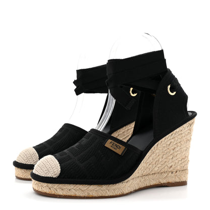 Fendi Canvas FF Embroidered Roma Ankle Wrap Wedge Espadrilles 36 Black 4 of 11