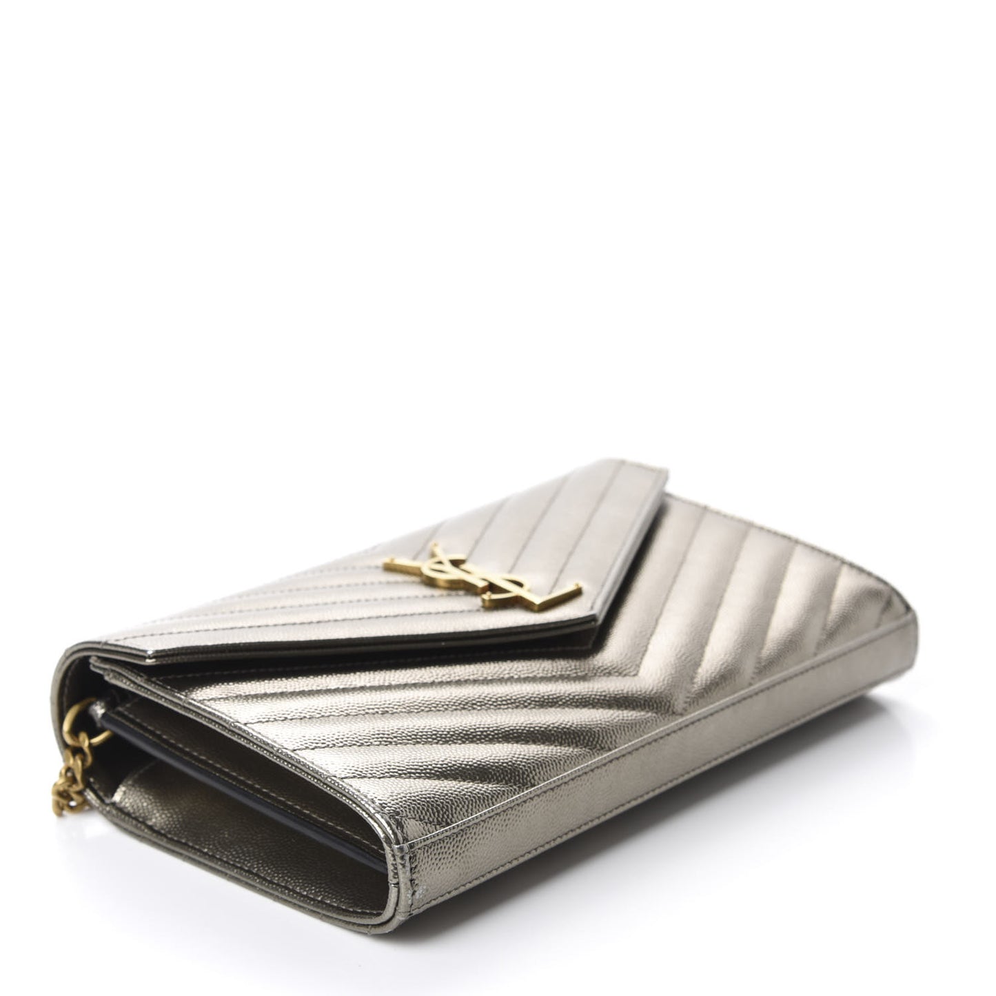 Metallic Grain De Poudre Matelasse Chevron Monogram Chain Wallet Gold