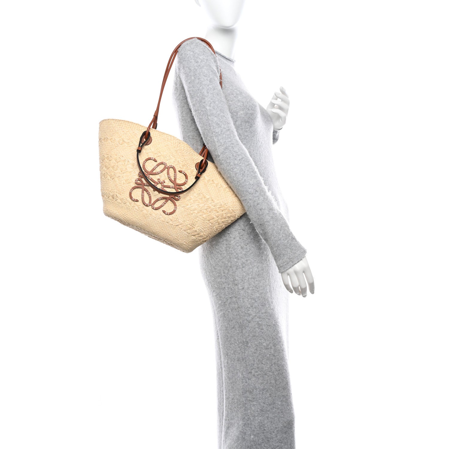 Loewe Calfskin Raffia Paulas Ibiza Medium Anagram Basket Tote Bag Natural Tan 2 of 10