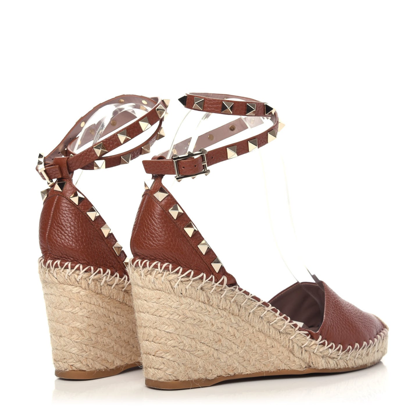 Grained Calfskin Rockstud Ankle Wrap Espadrille 15/85mm Wedges 37 Cuoio