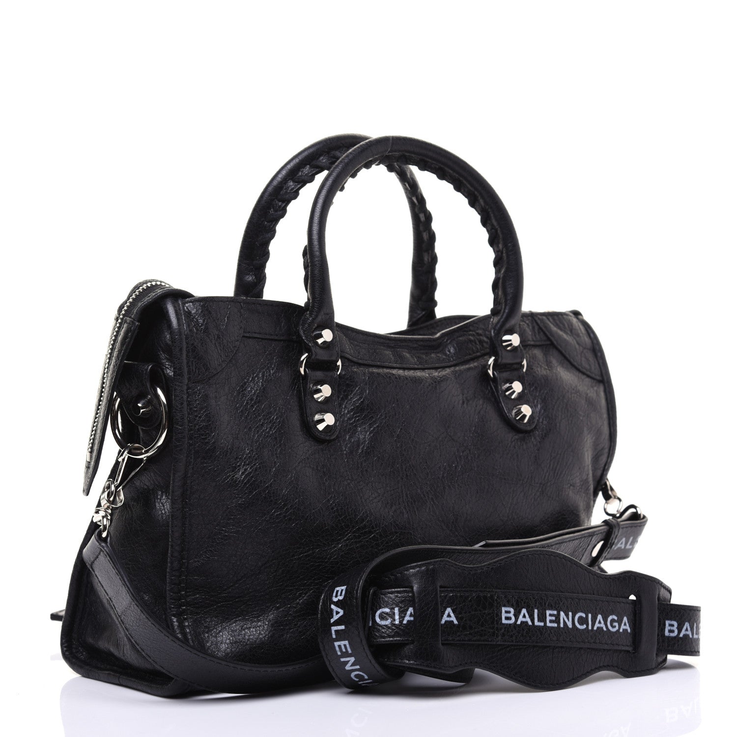 Balenciaga Agneau Classic Silver Hardware S City Logo Strap Black White 3 of 16