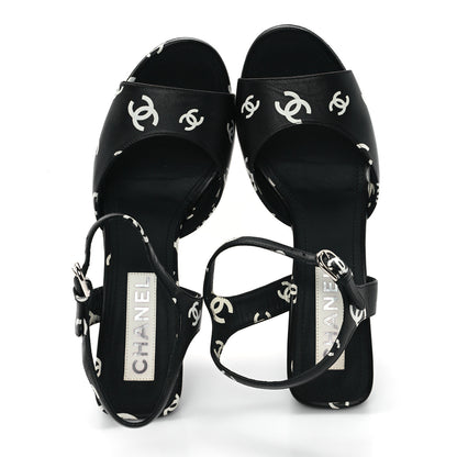 Chanel Printed Lambskin CC Platform Sandals 39.5 Black White 2 of 9