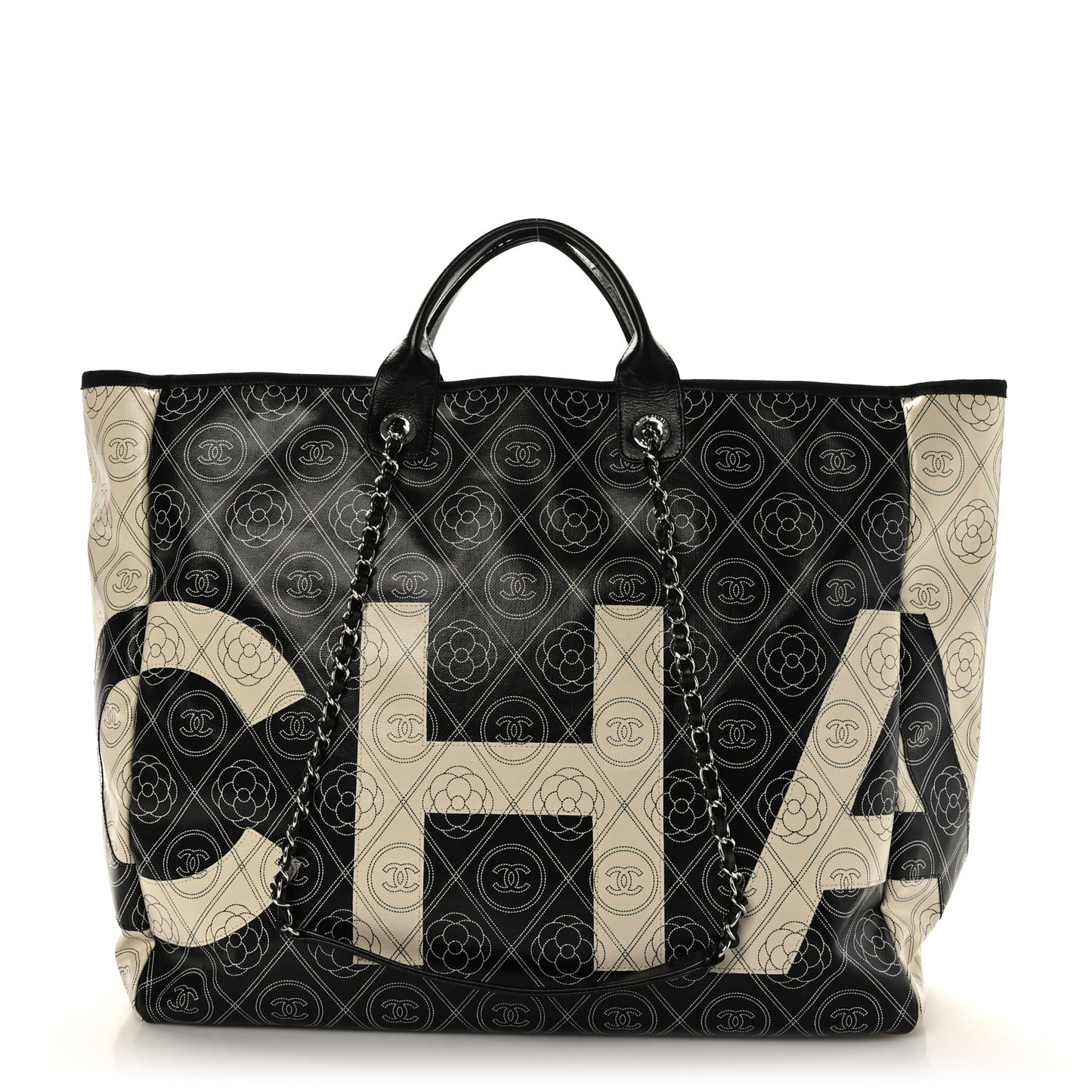 Coated Canvas Camellia Large Shopping Tote Black Beige