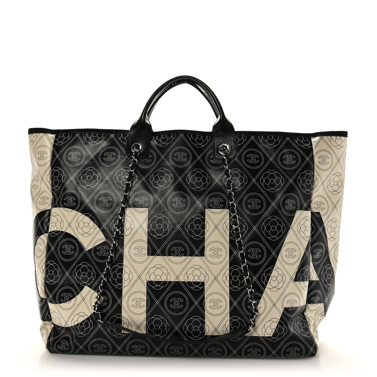 Chanel Coated Canvas Camellia Large Shopping Tote Black Beige 1 of 8