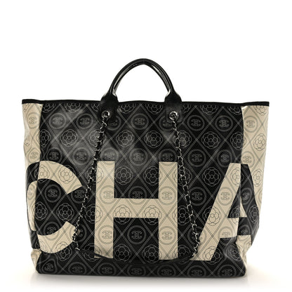 Chanel Coated Canvas Camellia Large Shopping Tote Black Beige 1 of 8