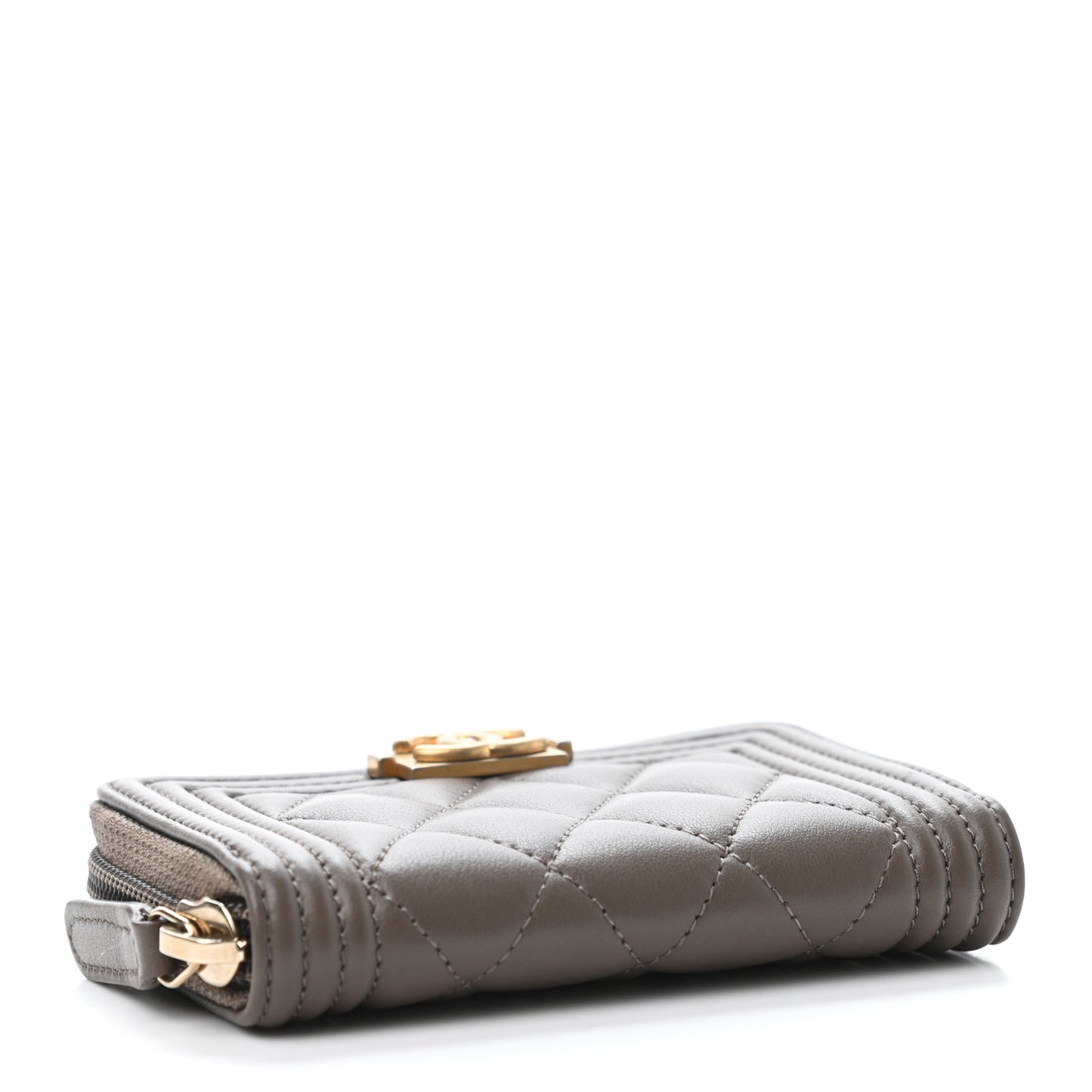 Lambskin Quilted Boy Zip Around Coin Purse Wallet Khaki