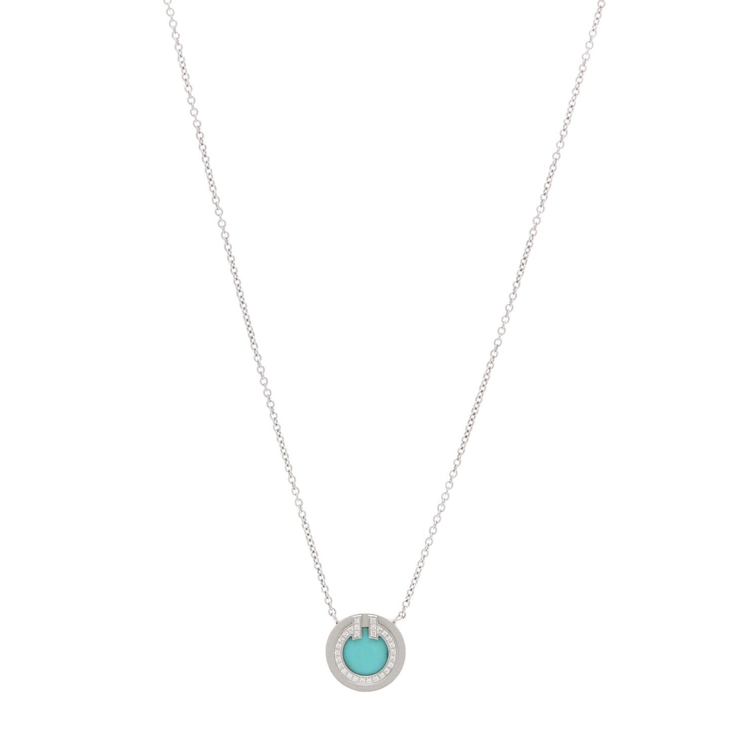 18K White Gold Diamond Turquoise Small T Circle Pendant Necklace