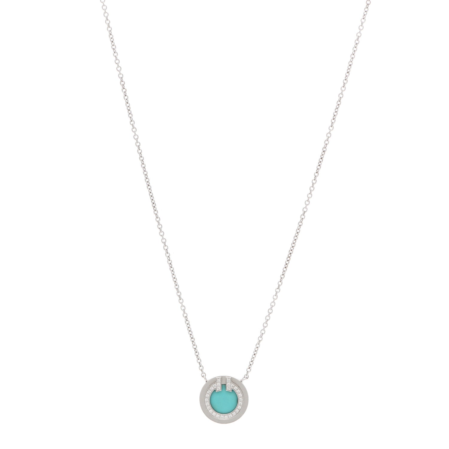 Tiffany 18K White Gold Diamond Turquoise Small T Circle Pendant Necklace 1 of 4