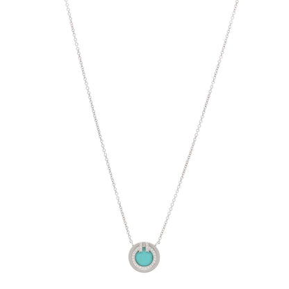 Tiffany 18K White Gold Diamond Turquoise Small T Circle Pendant Necklace 1 of 4