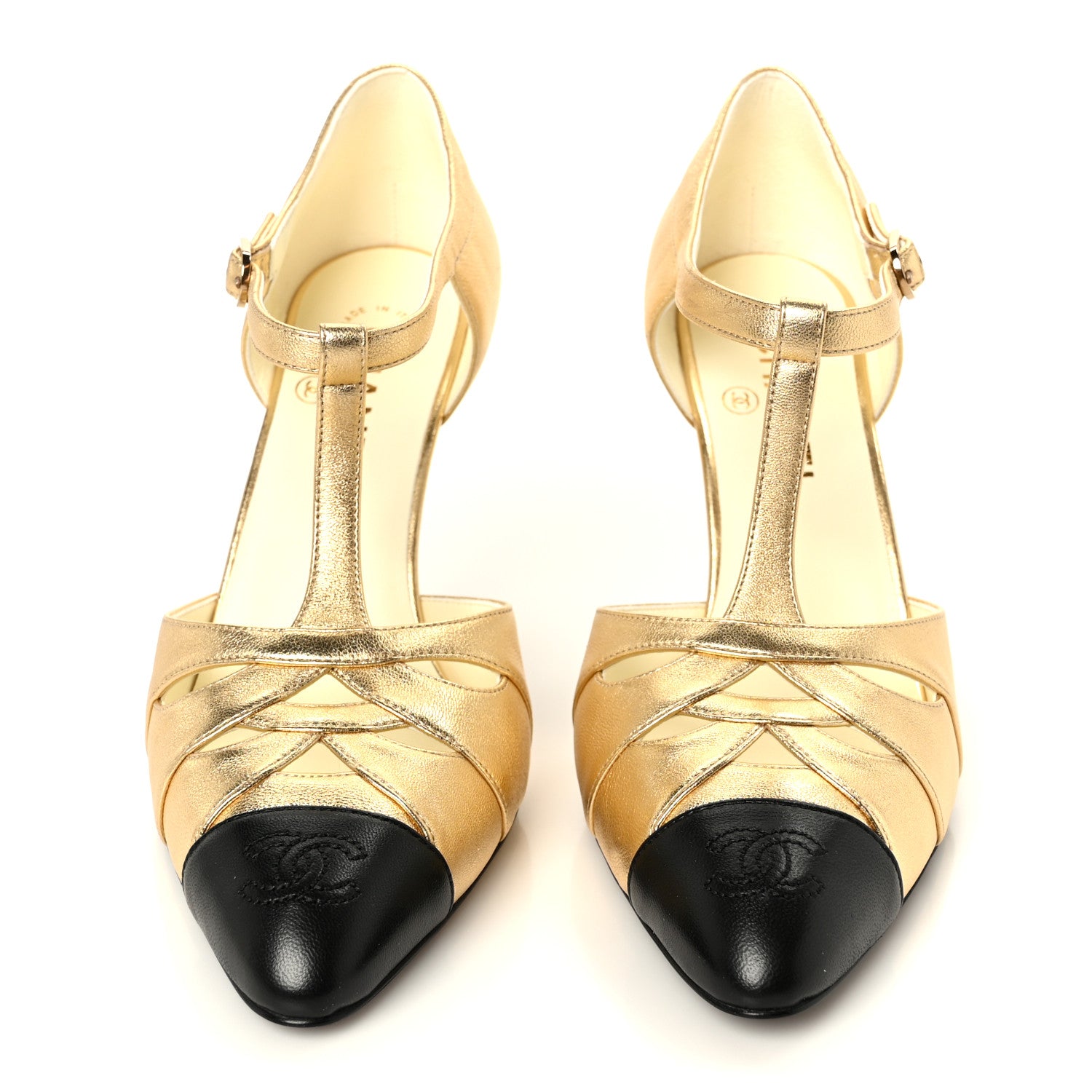 Chanel Laminated Lambskin Cap Toe Pumps 38.5 Gold Black 3 of 10