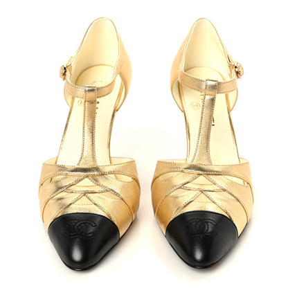 Chanel Laminated Lambskin Cap Toe Pumps 38.5 Gold Black 3 of 10