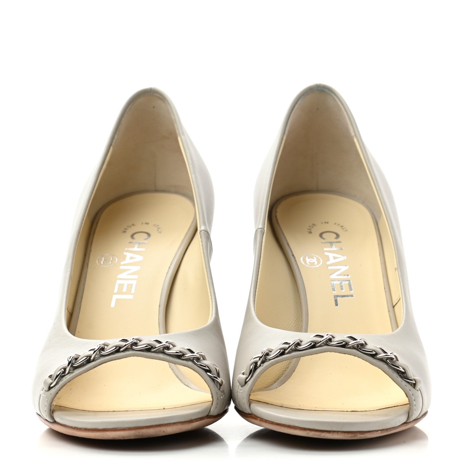 Chanel Lambskin Peep Toe CC Pumps 37 Grey 2 of 11