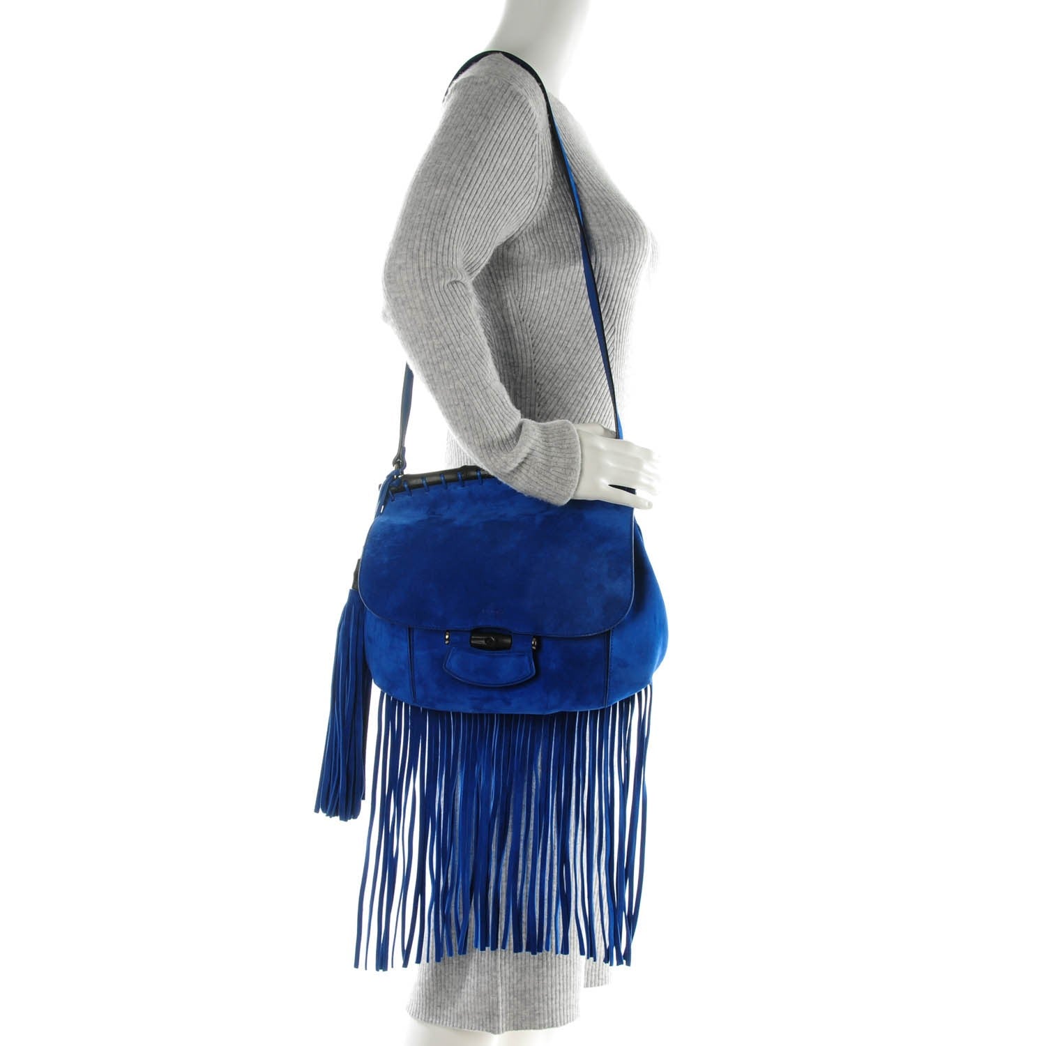 Gucci Suede Medium Nouveau Fringe Shoulder Bag Blue 2 of 6