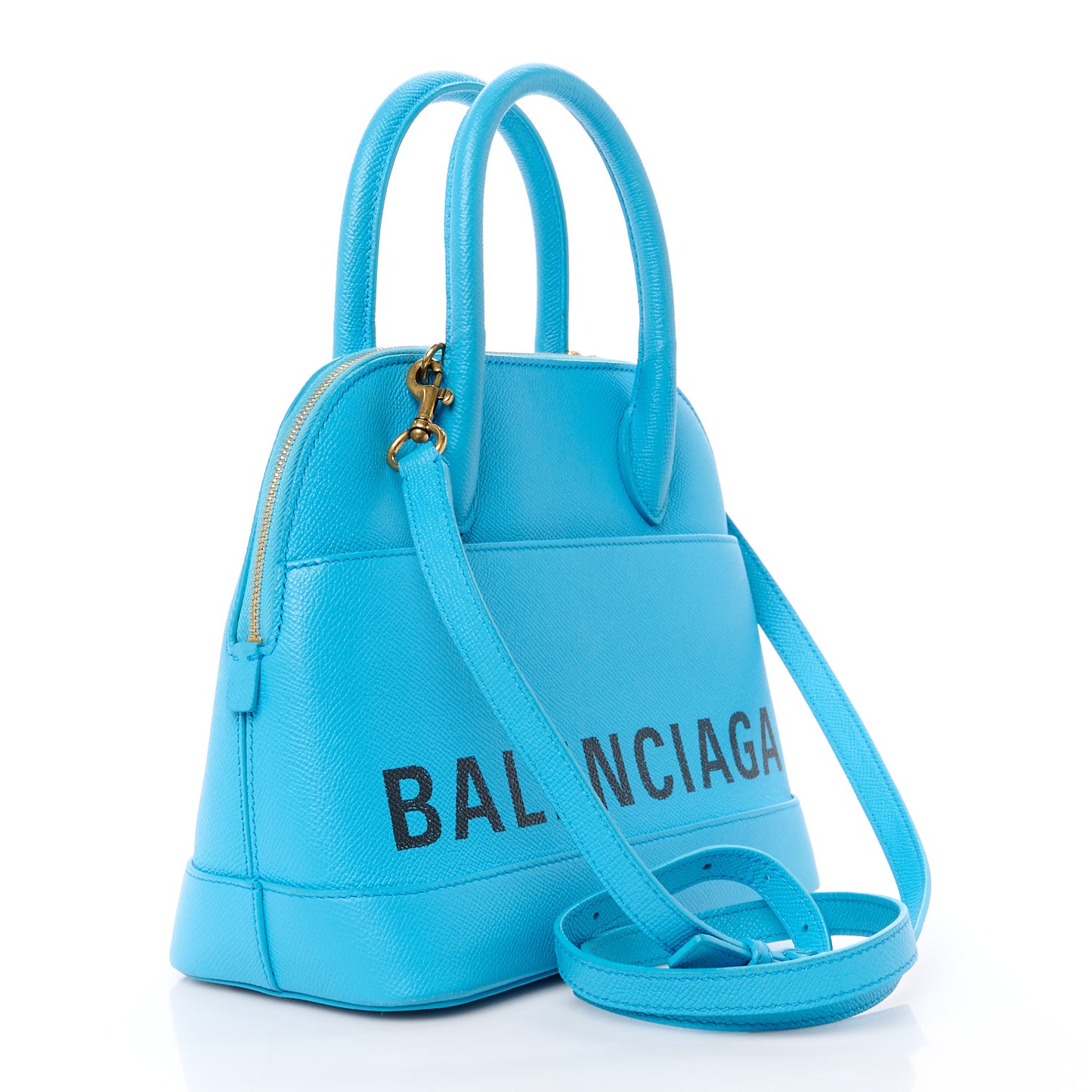 Signature Grained Calfskin Logo S Ville Top Handle Bag Bleu Turquoise