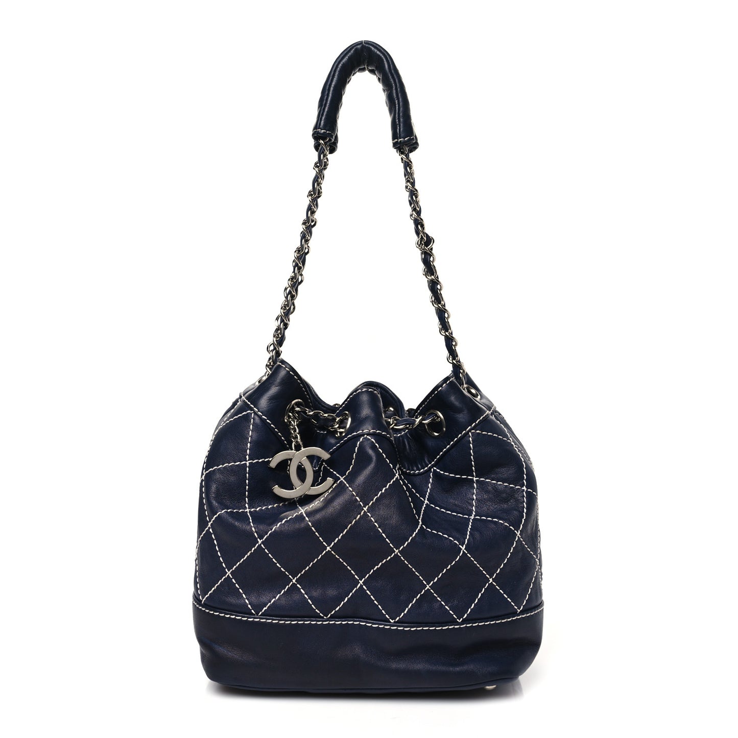 Lambskin Contrast Stitch Small Drawstring Tote Navy