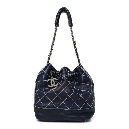 Chanel Lambskin Contrast Stitch Small Drawstring Tote Navy 1 of 13
