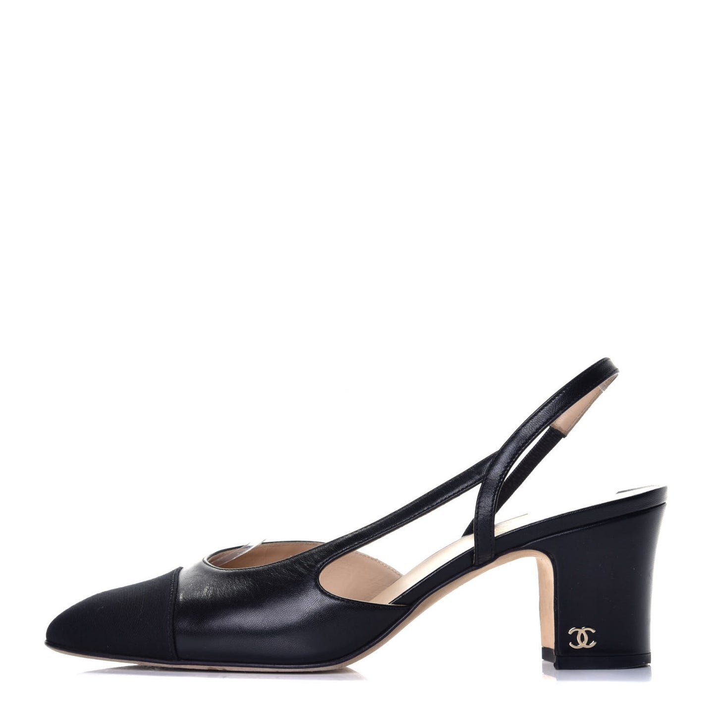 Goatskin Grosgrain Cap Toe CC Slingback Sandals 38.5 Black