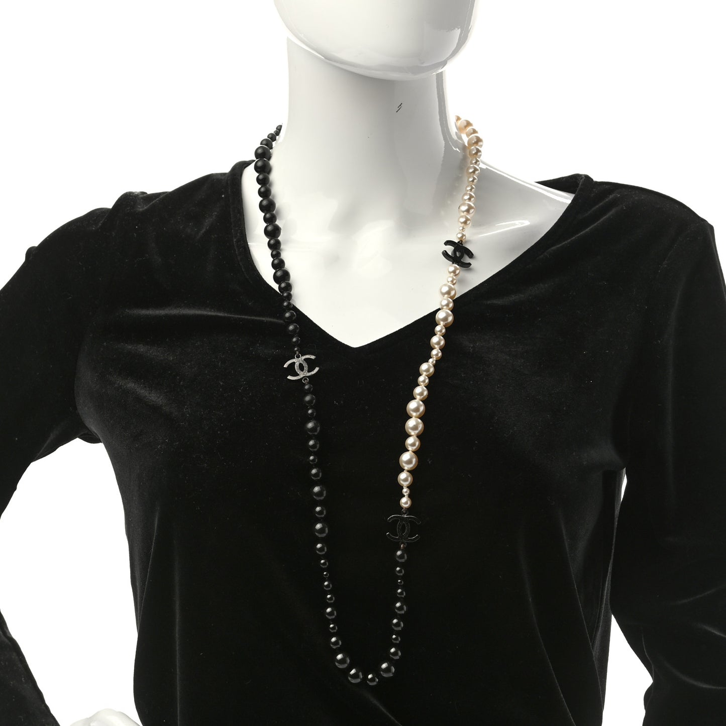 Pearl Beaded CC Long Necklace Black White