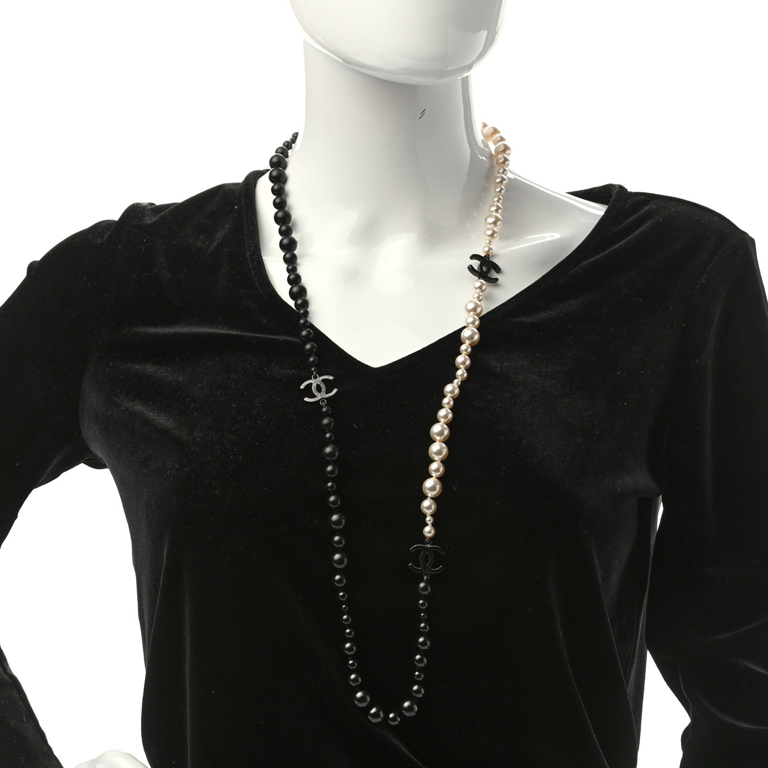Chanel Pearl Beaded CC Long Necklace Black White 2 of 5