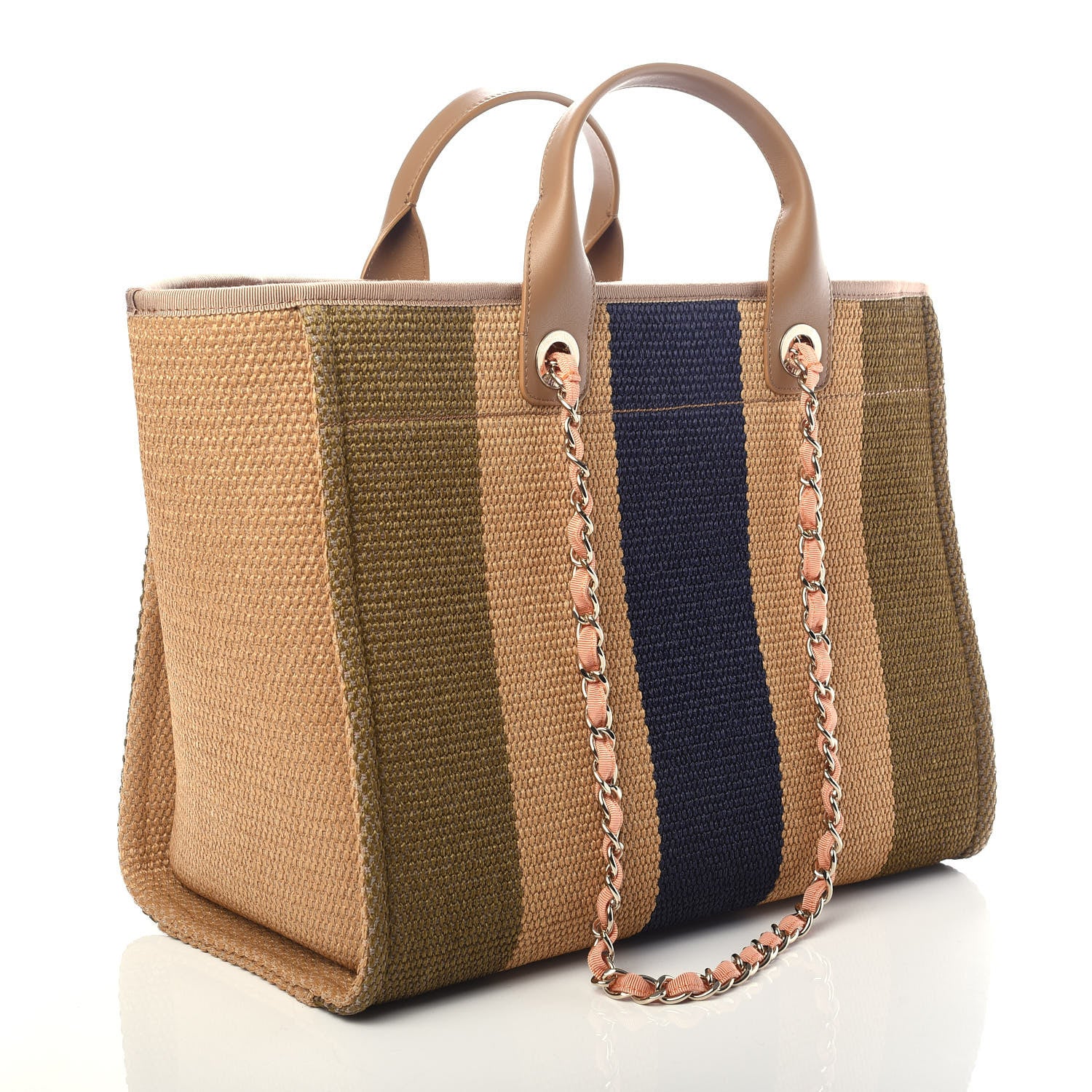 Chanel Straw Raffia Calfskin Striped Medium Deauville Tote Khaki Beige Navy Blue 3 of 11