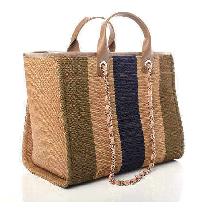 Chanel Straw Raffia Calfskin Striped Medium Deauville Tote Khaki Beige Navy Blue 3 of 10