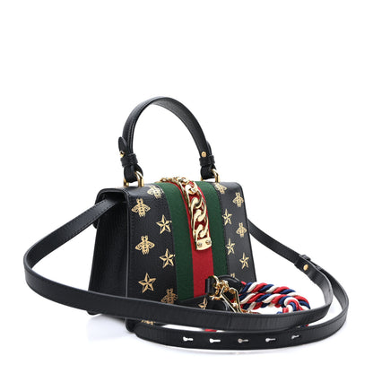 Gucci Textured Calfskin Bee Star Print Mini Sylvie Top Handle Bag Black 3 of 11