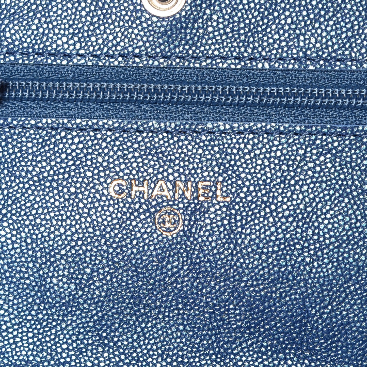 Iridescent Caviar Quilted Wallet On Chain WOC Dark Blue