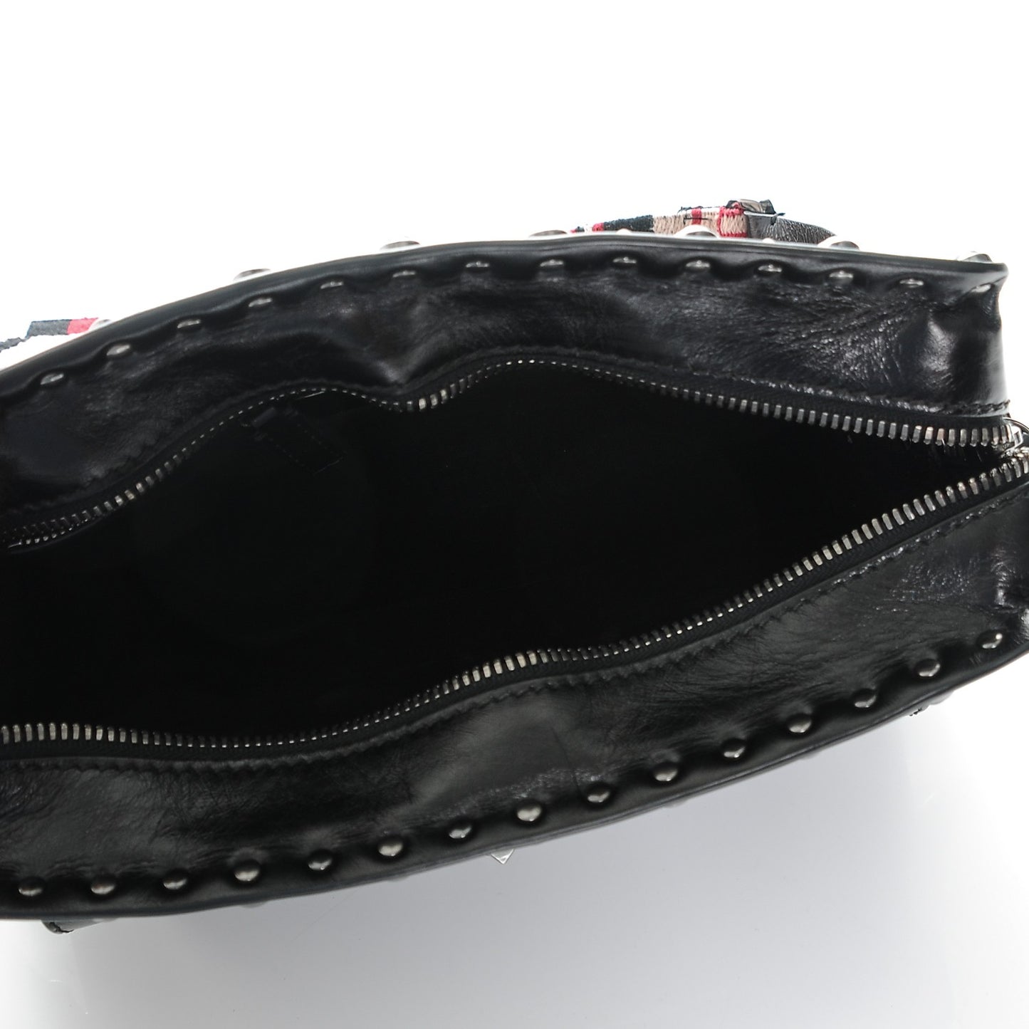 Craquele Calfskin Small Guitar Strap Rockstud Rolling Flap Pocket Shoulder Bag Black