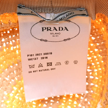 Prada Raffia Striped Logo Embroidered Womens Bucket Hat M Naturale Giallo 8 of 8
