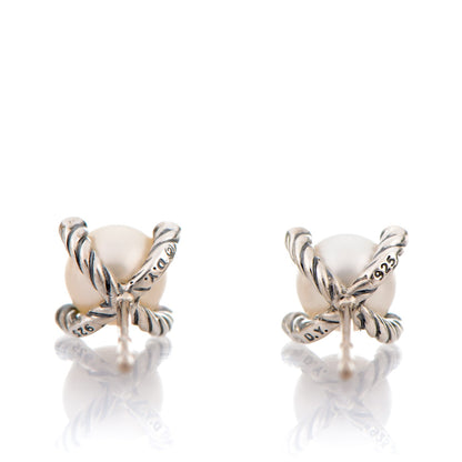 David Yurman Sterling Silver Diamond Pearl 7mm Earrings 3 of 3
