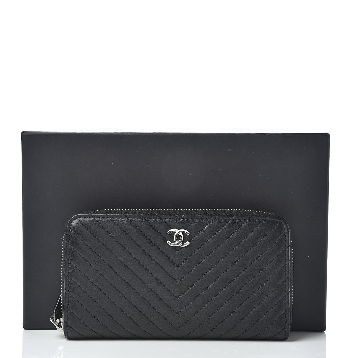 Lambskin Chevron Quilted Small Zip Around Wallet Black