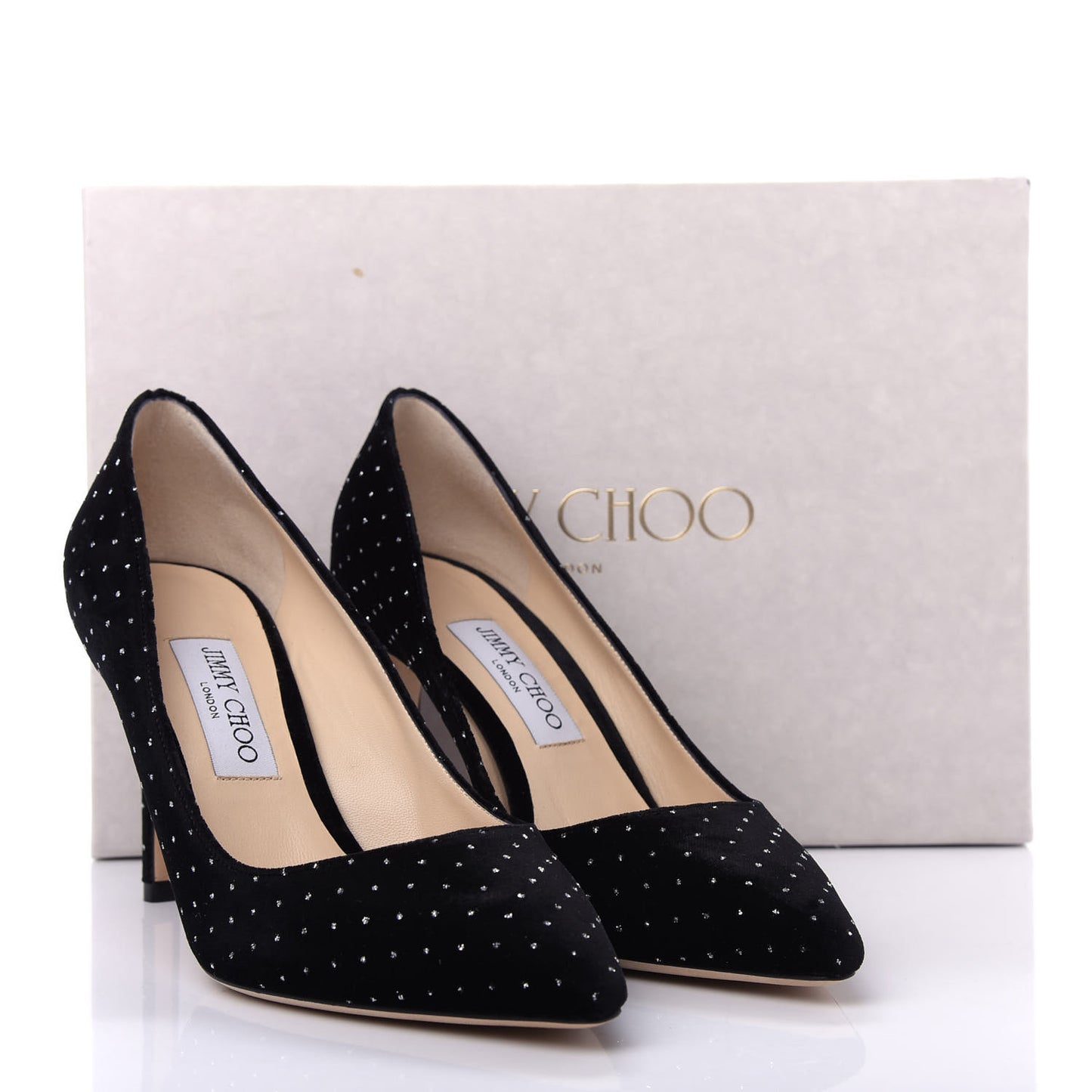 Glitter Spotted Velvet Pointy Toe Romy 85 Pumps 39.5 Black Silver