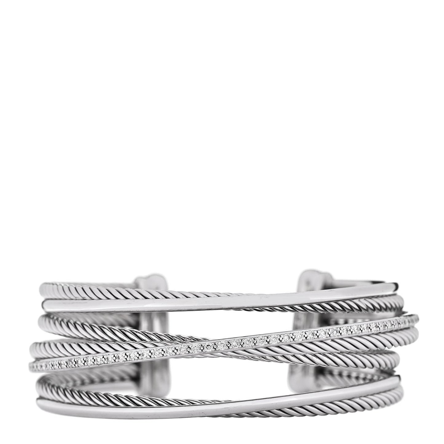Sterling Silver 14K White Gold Diamond Crossover Four Row Cuff Bracelet