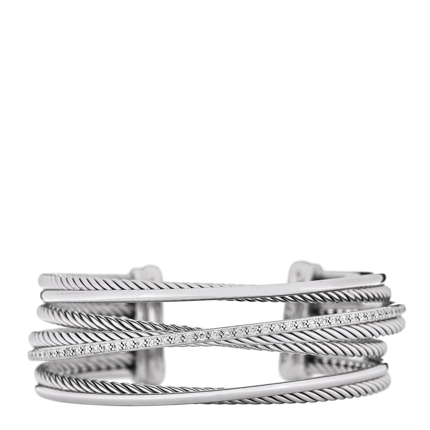 David Yurman Sterling Silver 14K White Gold Diamond Crossover Four Row Cuff Bracelet 1 of 3