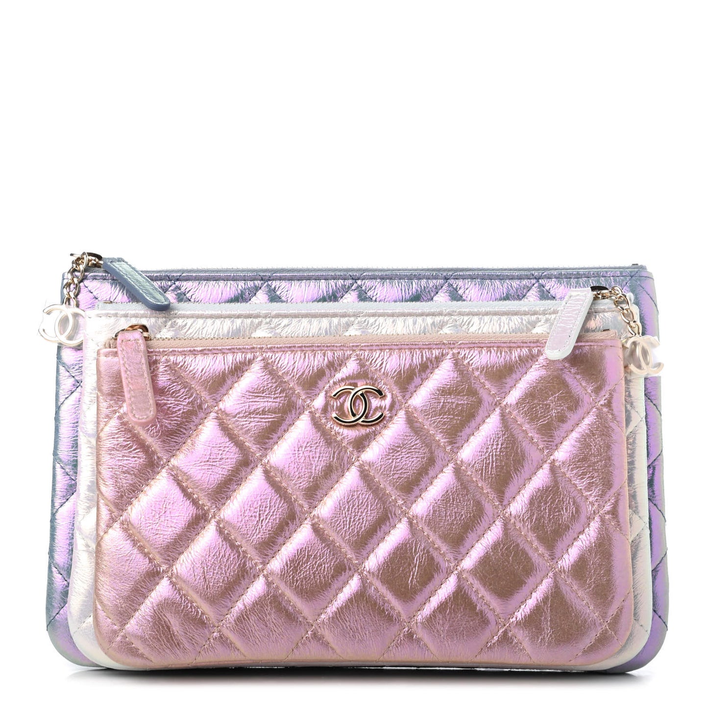 Iridescent Crumpled Calfskin Trio Cosmetic Case Blue Pink Ivory