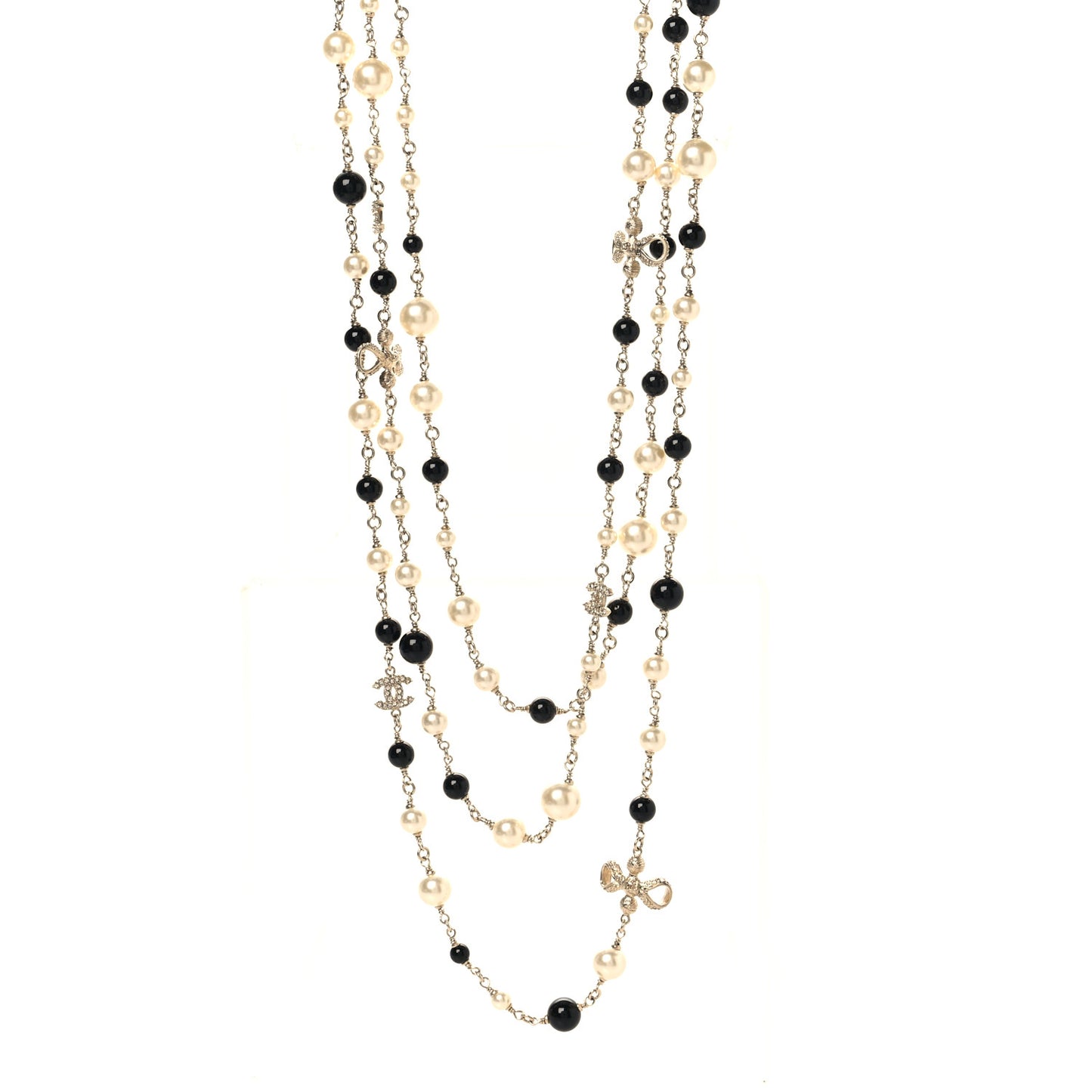 Pearl Beaded Crystal CC Long Necklace Gold Black White