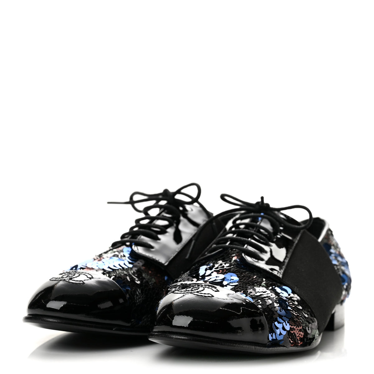 Chanel Patent Calfskin Sequin CC Cap Toe Womens Lace Up Oxfords 37.5 Blue Black 4 of 9