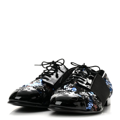 Chanel Patent Calfskin Sequin CC Cap Toe Womens Lace Up Oxfords 37.5 Blue Black 4 of 9