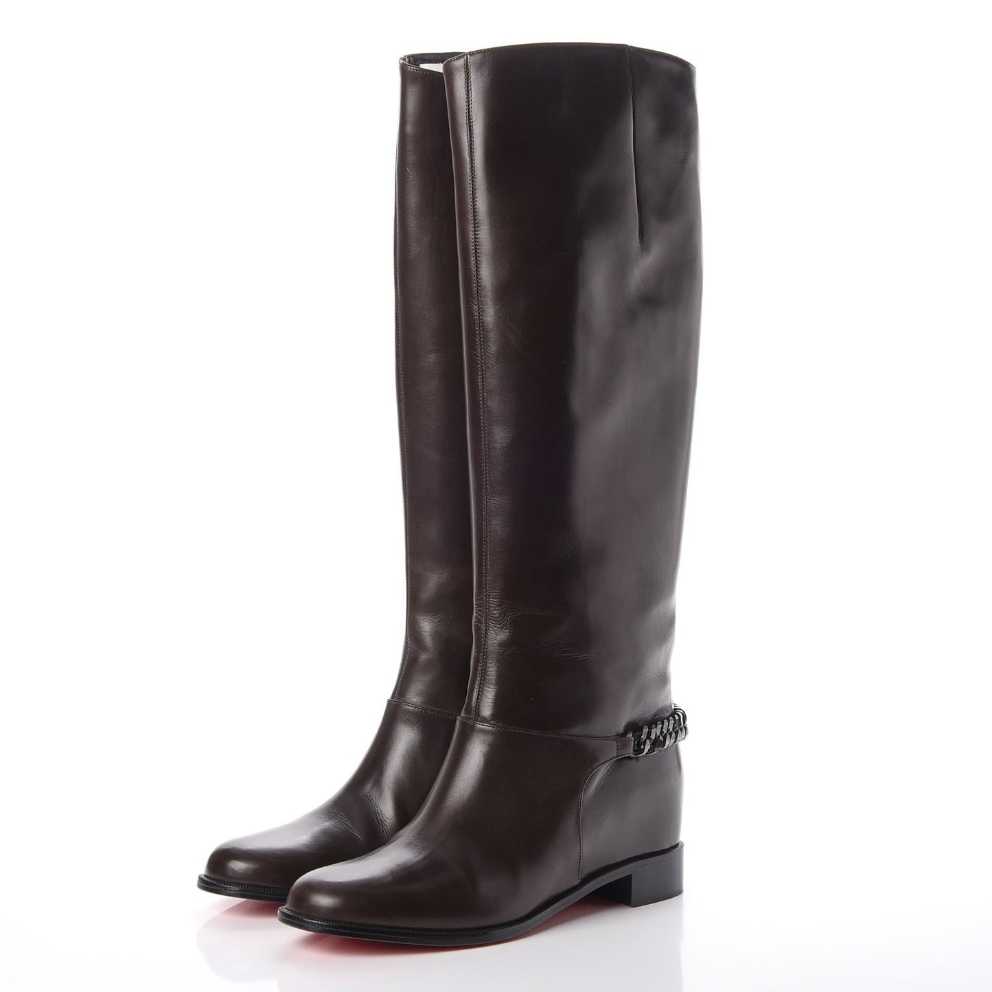 Calfskin Cate Chain Flat Tall Boots 39.5 Brown