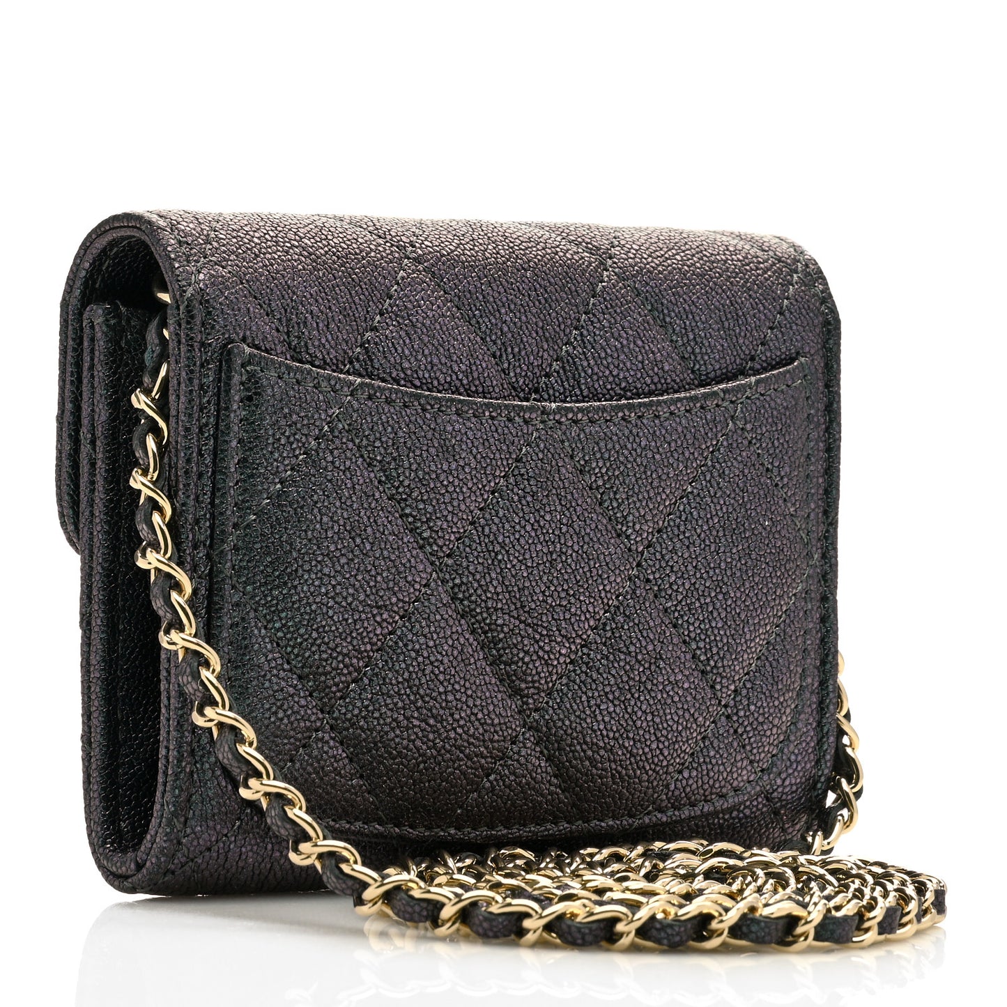 Iridescent Caviar Quilted Flap Card Holder On Chain Black
