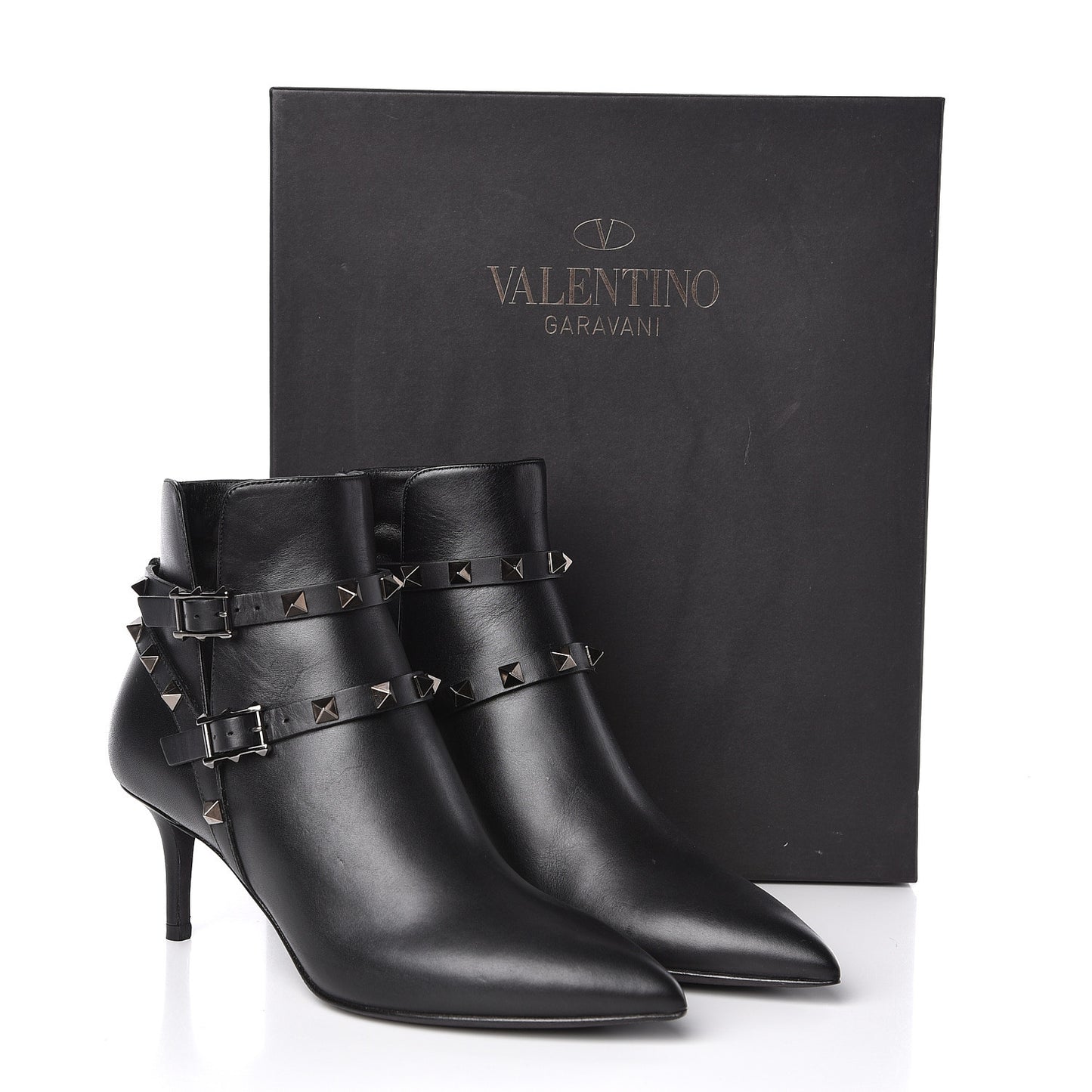 Calfskin Rockstud Double Buckle 65mm Ankle Boots 35 Black