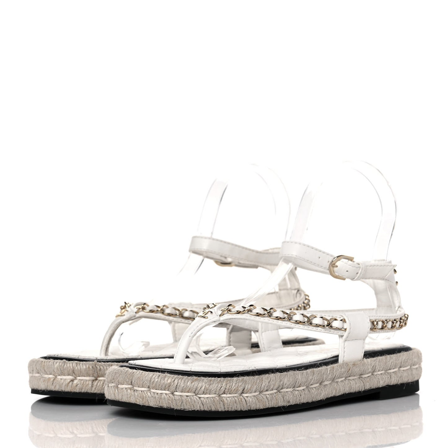Lambskin Chain CC Thong Espadrille Sandals 36 White