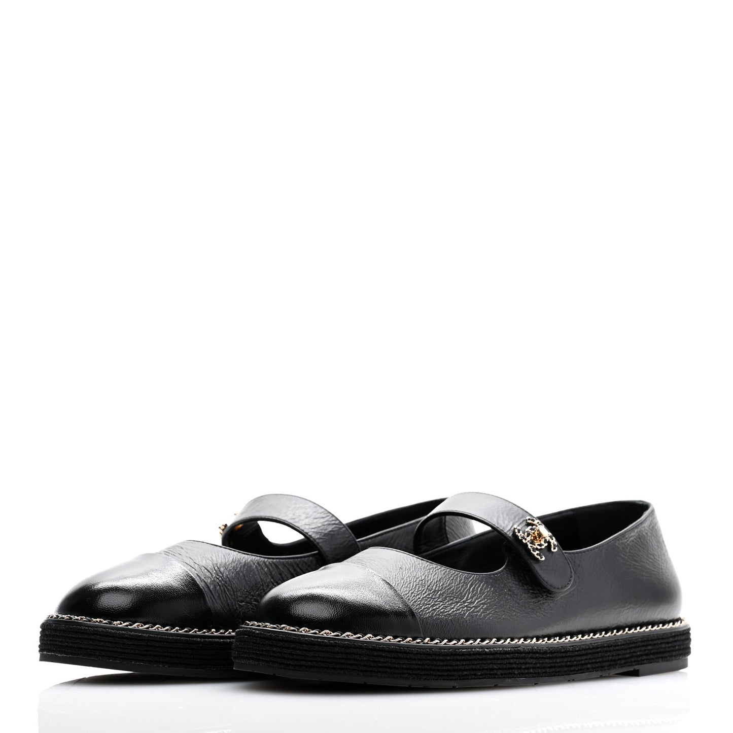 Crumpled Lambskin Cap Toe Chain CC Turnlock Mary Jane Flats 39 Black