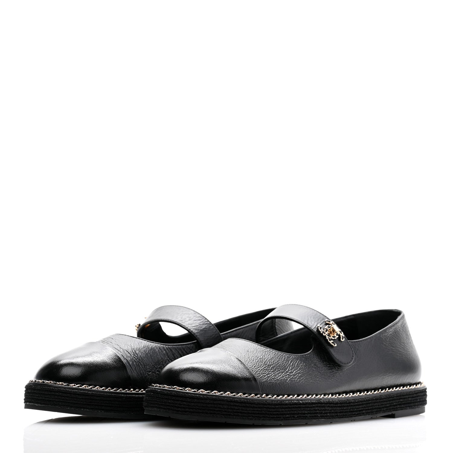 Chanel Crumpled Lambskin Cap Toe Chain CC Turnlock Mary Jane Flats 39 Black 3 of 9