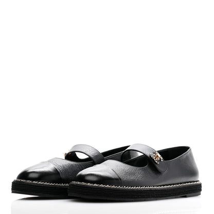 Chanel Crumpled Lambskin Cap Toe Chain CC Turnlock Mary Jane Flats 39 Black 3 of 9