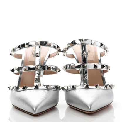 Valentino Garavani Metallic Pebbled Calfskin Rockstud 90mm Cage Mules 39 Silver 2 of 8