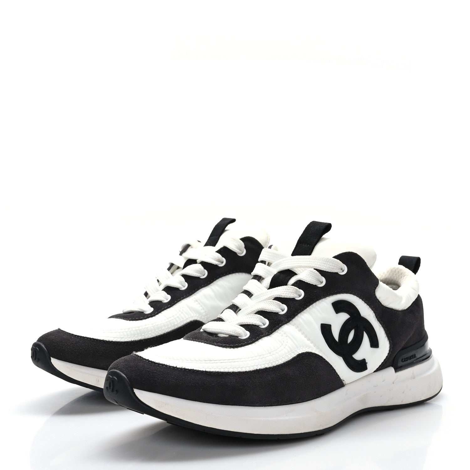 Chanel Nylon Suede Calfskin CC Sneakers 38.5 White Dark Grey 3 of 8
