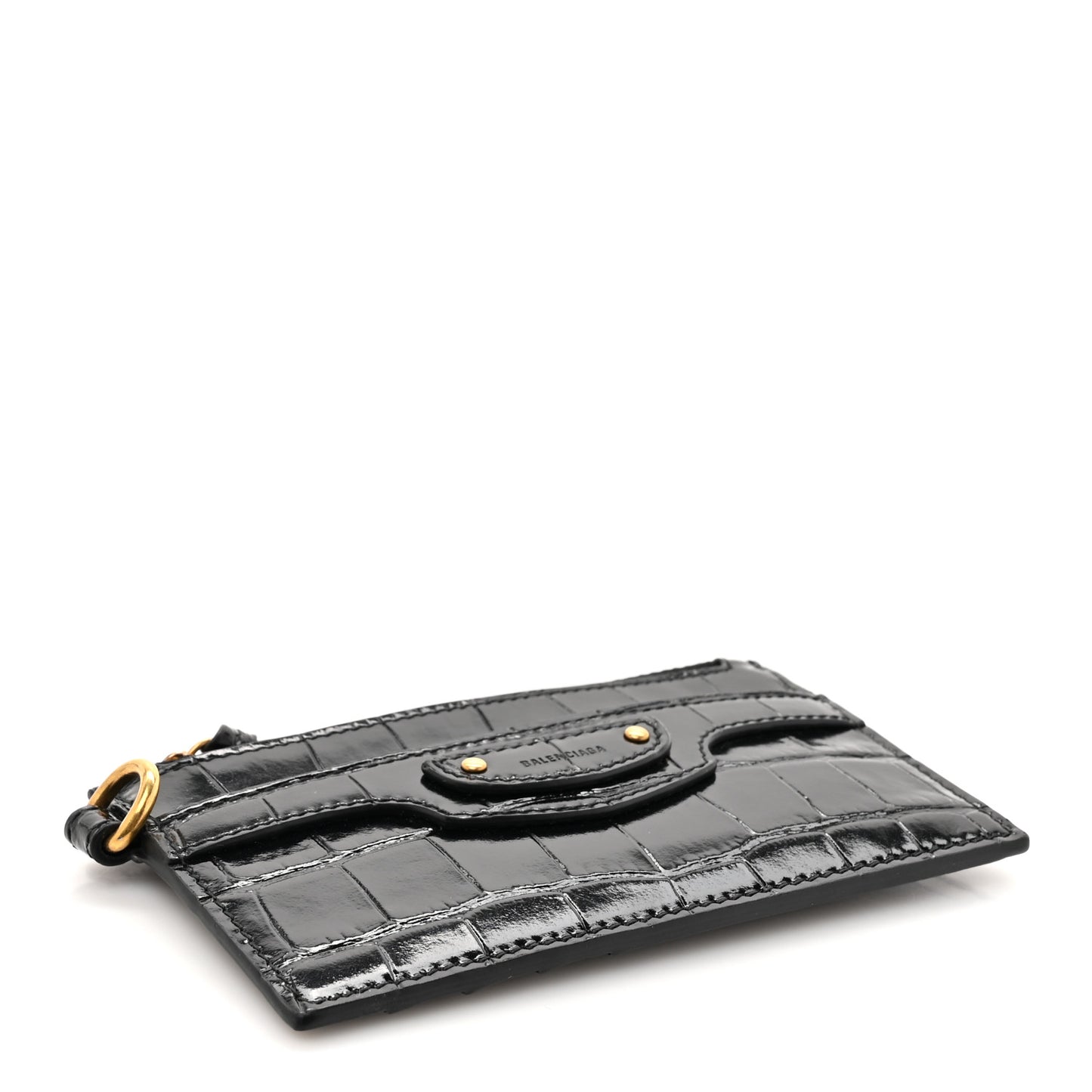 Shiny Calfskin Crocodile Embossed Neo Classic Long Coin Case Card Holder on Strap Black
